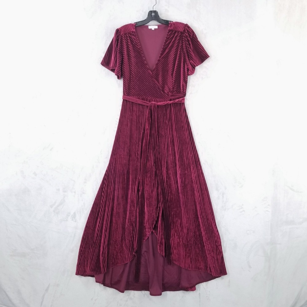 Baltic Born Wrap Maxi Dress Women M Red Channeled Velvet Stretch V-Neck Occasion